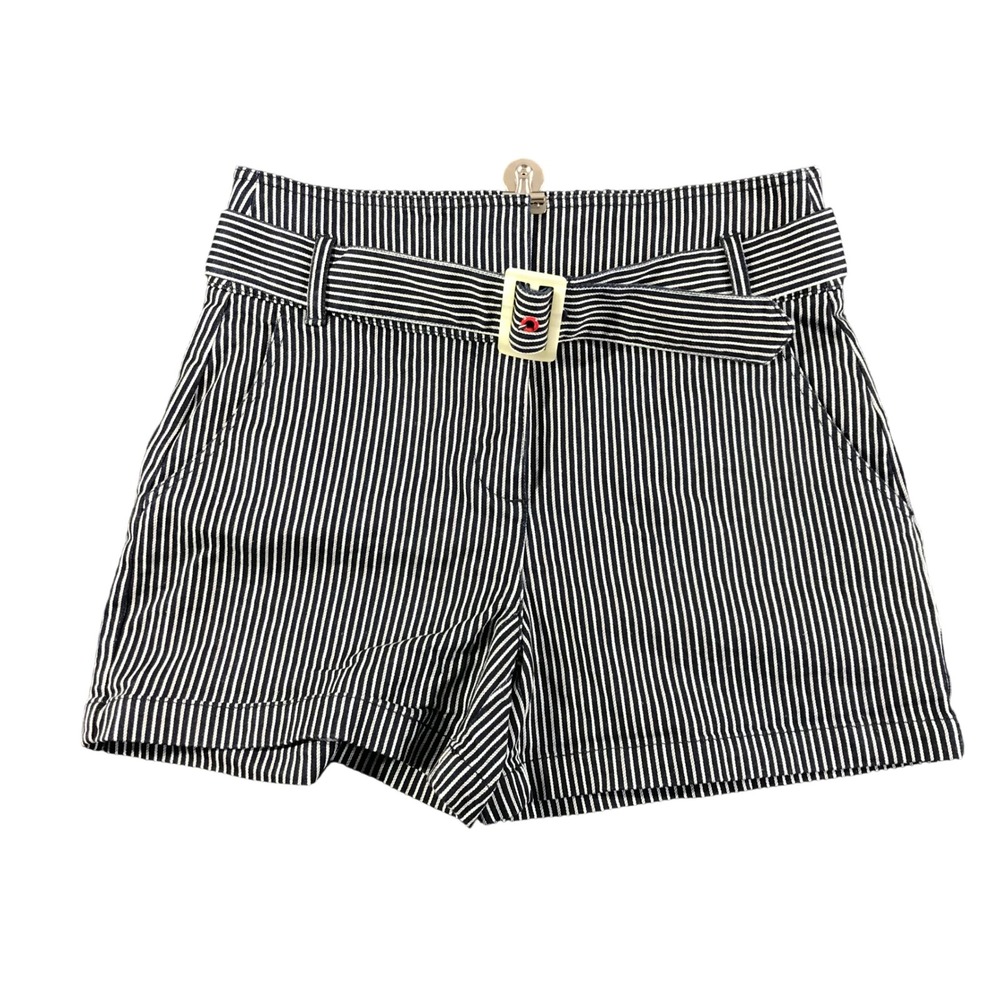 Etitwa by Anthropologie Navy White Pinstripe Belted Shorts Women Sz 12 High Rise